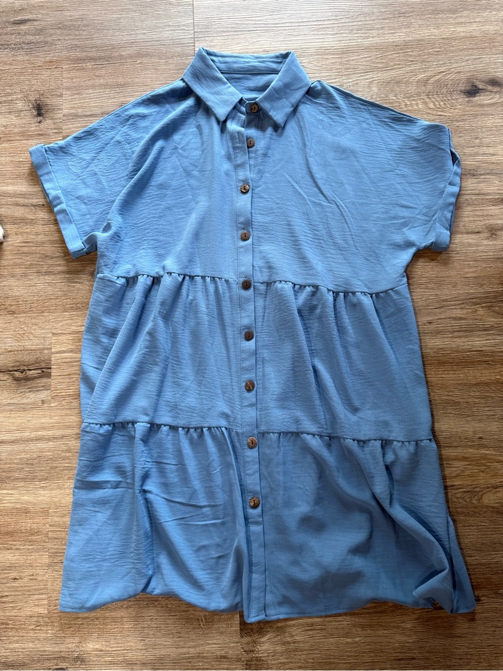 Blue Button-Front Tiered Shirt Dress